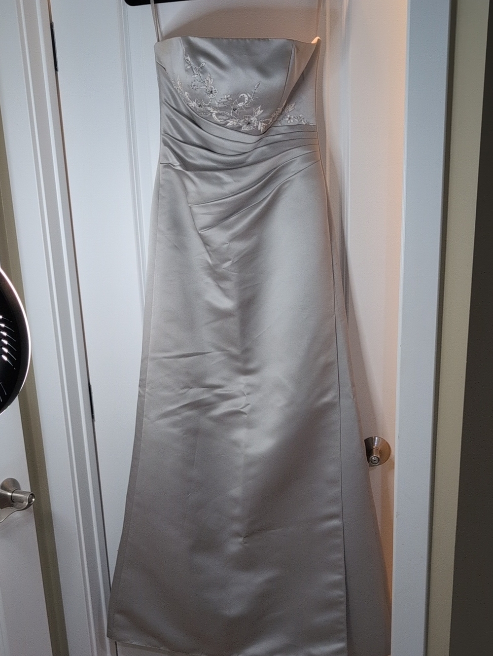 Strapless Silver Satin Evening Dress with Embroidered Bodice